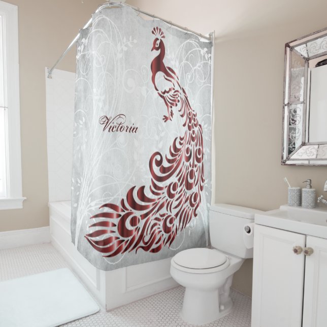 Cortina de ducha personalizada Red Peacock (In situ)