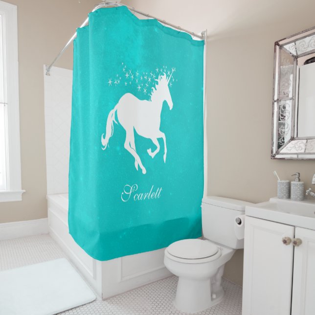 Cortina de ducha personalizada Turquoise Unicorn (In situ)