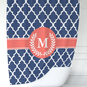 Cortina De Ducha Personalizado azul marino y coral Quatrefoil