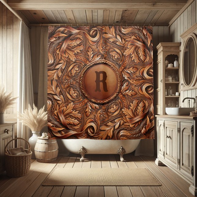 Cortina De Ducha Personalizado de impresión de cuero con herramient (Western Tooled Leather Collection 
Custom Initial Shower Curtain)