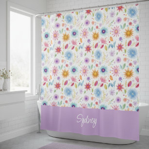 Cortina De Ducha Personalizado Flor de Boho Azul Purpura Rosa