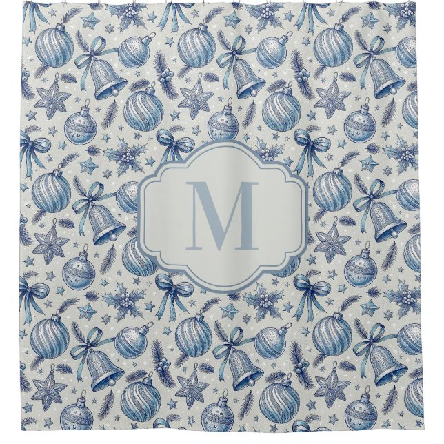Cortina De Ducha Personalizado Monograma Blue Toile Ornamentos de N (Anverso)