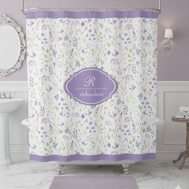 Cortina De Ducha Personalized Purple Floral Monogram (elegant classic personalized purple wildflower lavender garden shower curtain with custom monogram)