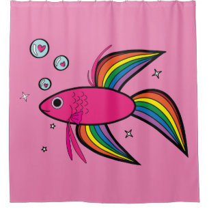Cortina De Ducha Pescado Betta Con Burbujas Llenas De Corazón