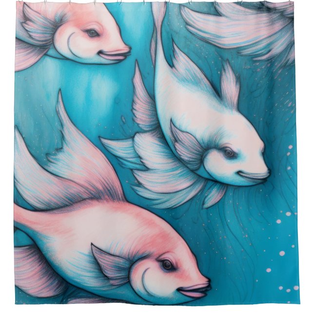 Cortina De Ducha Pescado de dibujo de la alga azul rosa (Anverso)