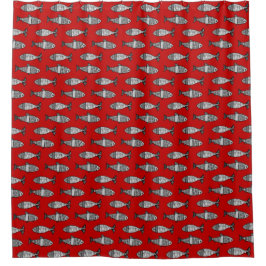 Cortina De Ducha Pescado retro moderno, rojo profundo y gris / gris
