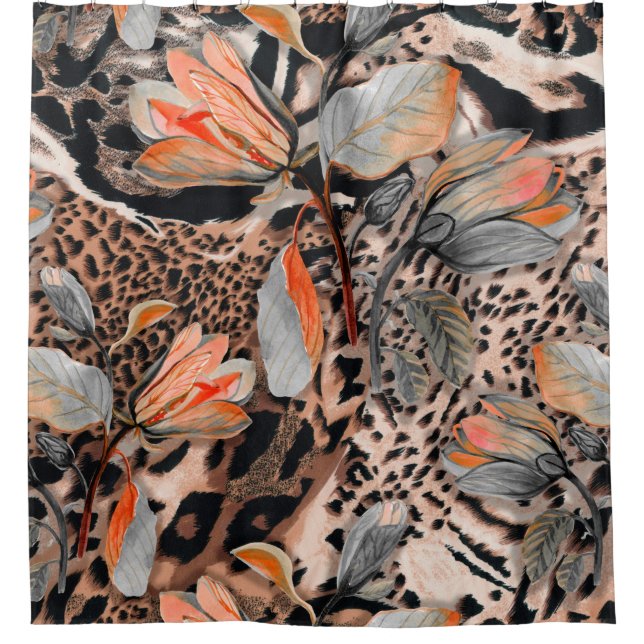 Cortina De Ducha Piel animal salvaje africana con flor marrón (Anverso)