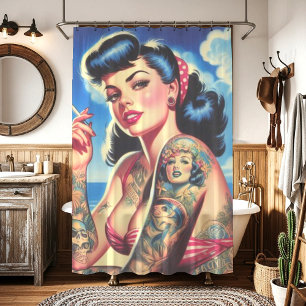 Cortina De Ducha Pin de verano de Bikini retro tatuado