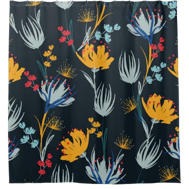 Cortina De Ducha Pincel floral de contraste: negro sin foco (Anverso)