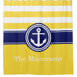 Cortina De Ducha Pineapp Amarillo Azul Marino Raya Náutica Ancla CB