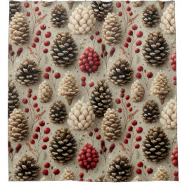 Cortina De Ducha Pineconas de invierno y Berries rojas