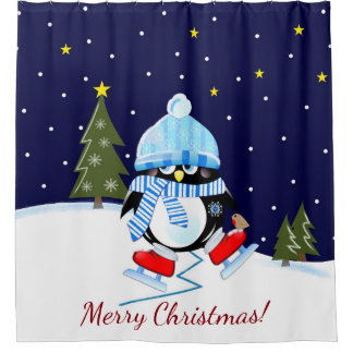 Cortina De Ducha Pingüino del navidad que intenta patinar + texto
