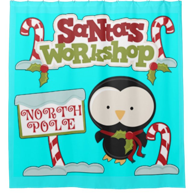 Cortina De Ducha Pingüino del taller de Santa Claus (Anverso)