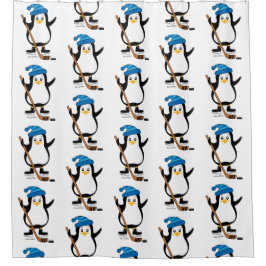 Cortina De Ducha Pingüino lindo del hockey con el palillo de hockey