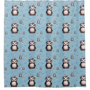 Cortina De Ducha Pingüinos acuarelas de primavera con flores en azu