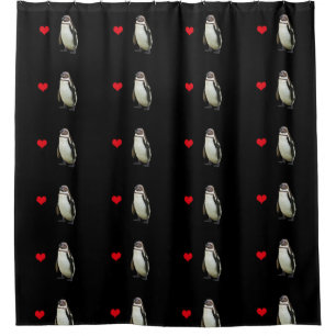 Cortina De Ducha Pingüinos con patrón de corazón rojo en negro