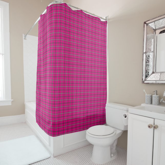 Cortina De Ducha Pink Black White Plaid Shower Curtain (In situ)