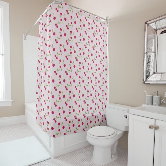 Cortina De Ducha Pink Cherry Print Pattern Pink Cute (In situ)