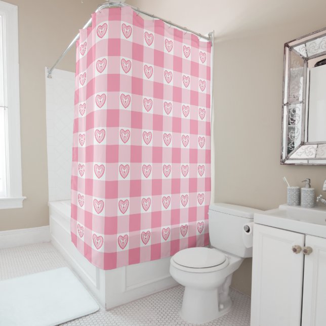 Cortina De Ducha Pink Heart Gingham (In situ)
