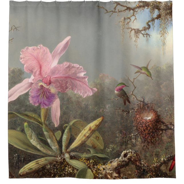 Cortina De Ducha Pink Orchid And Three Hummingbirds (Anverso)