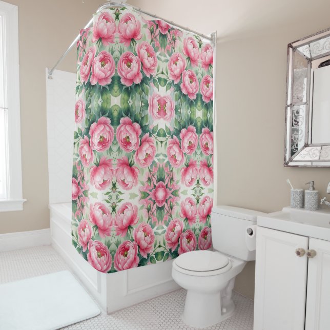Cortina De Ducha Pink Peony Floral Pattern (In situ)