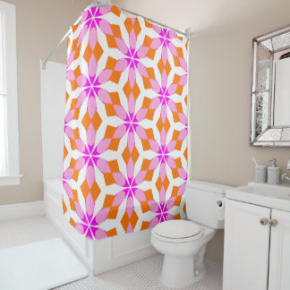 Cortina De Ducha Pink Purple and Orange Floral Geometric