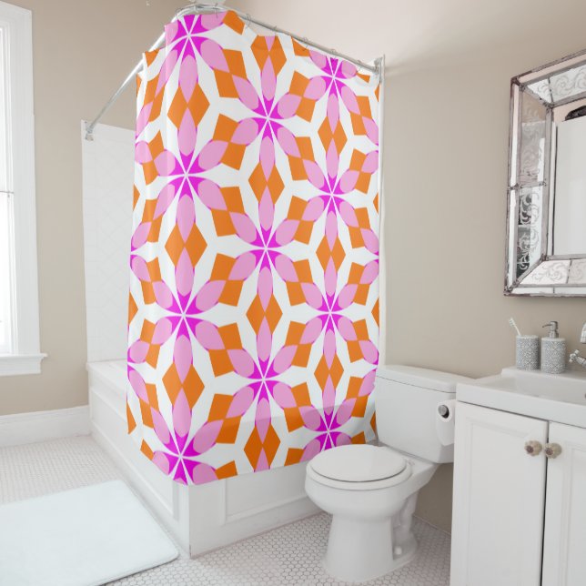 Cortina De Ducha Pink Purple and Orange Floral Geometric (In situ)