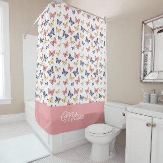 Cortina De Ducha Pink Purple Butterflies Monogram Name