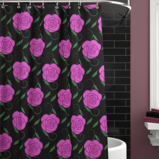 Cortina De Ducha Pink Roses On Black (Soft, romantic & feminine. Pink roses on black will make your bathroom romantically beautiful.)