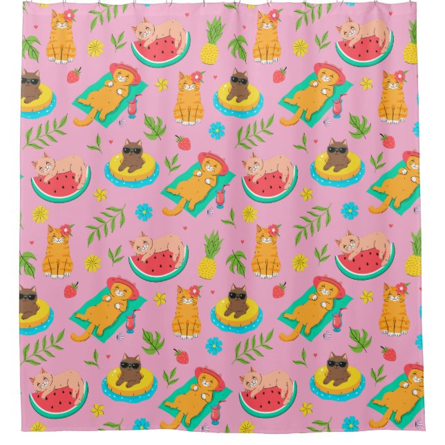 Cortina De Ducha Pink Tropical Summer Cats (Anverso)