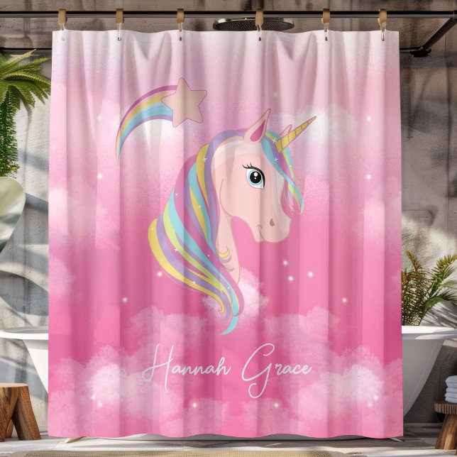 Cortina De Ducha Pink Unicorn with Calligraphy Name (Subido por el creador)