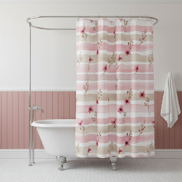 Cortina De Ducha Pink Watercolor Floral Stripe Pattern