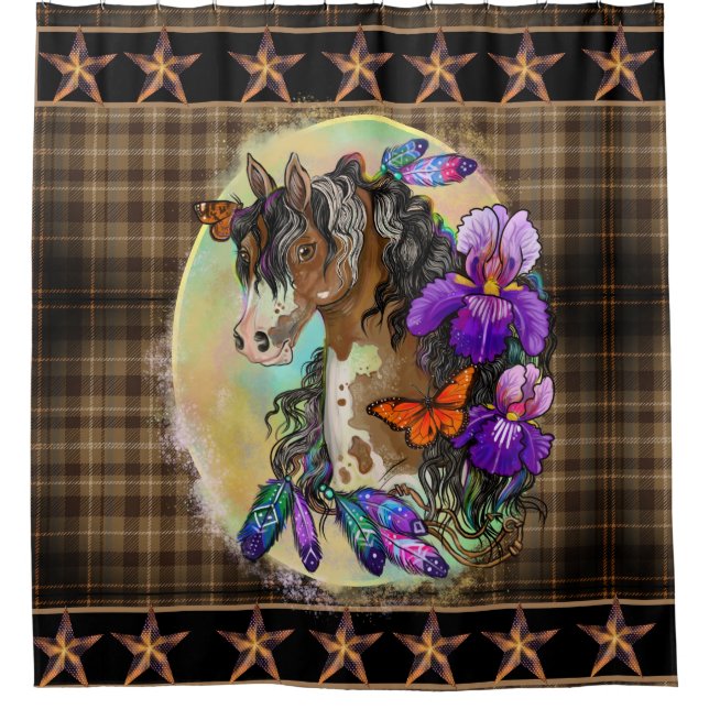 Cortina De Ducha Pintar caballo Mustang con iris y mariposas (Anverso)