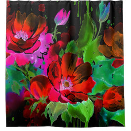 Cortina De Ducha Pintura al Acuarela de Flores Rojas sobre Negro