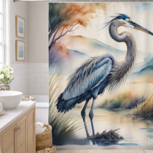 Cortina De Ducha Pintura al acuarela de gran garza azul