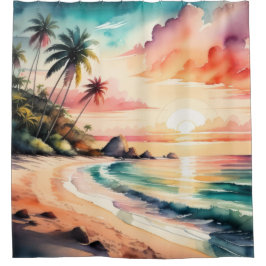 Cortina De Ducha Pintura al Acuarela de Puesta de Sol en Playa Trop