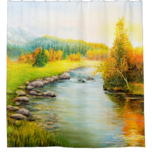 Cortina De Ducha pintura al óleo de bello paisaje otoñal, bosque