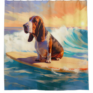 Cortina De Ducha Pintura de Basset Hound Surfing en la Playa