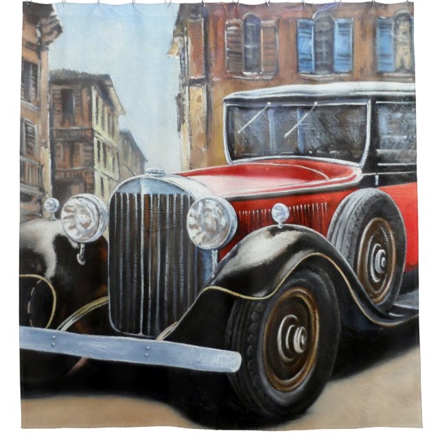 Cortina De Ducha Pintura de la Ciudad Vieja del Coche Retro (Anverso)