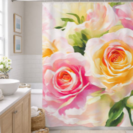 Cortina De Ducha Pintura de Rosas Amarillas y Rosadas