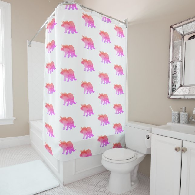 Cortina De Ducha Pintura de triceratops de dinosaurios rosados (In situ)