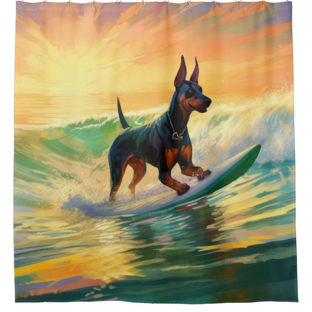 Cortina De Ducha Pintura Doberman Beach Surfing (Anverso)