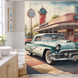 Cortina De Ducha Pintura en Acuarela de Coche Antiguo y Restaurante