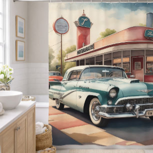 Cortina De Ducha Pintura en Acuarela de Coche Antiguo y Restaurante