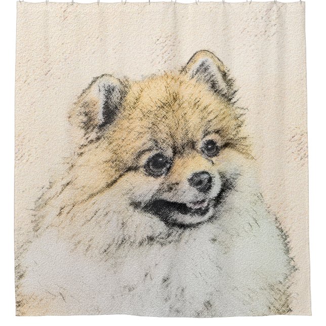 Cortina De Ducha Pintura Pomerania (Naranja) - Arte Perro Original (Anverso)