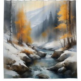 Cortina De Ducha Pintura serena del paisaje de los ríos de invierno