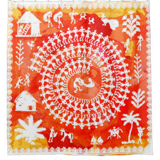 Cortina De Ducha Pintura warli - dibujo a mano tradicional del anci