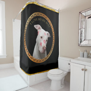 Cortina De Ducha Pitbull blanco con besos del rojo por todo su cara