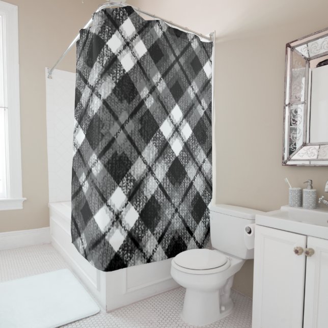 Cortina De Ducha Plaid Check Tartan Black White Farmhouse Moderno (In situ)