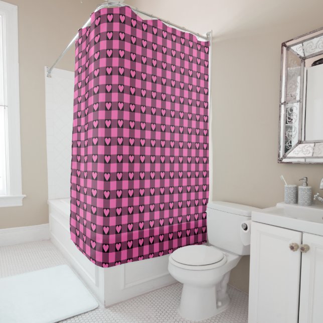Cortina De Ducha Plaid de corazón de búfalo negro rosa (In situ)